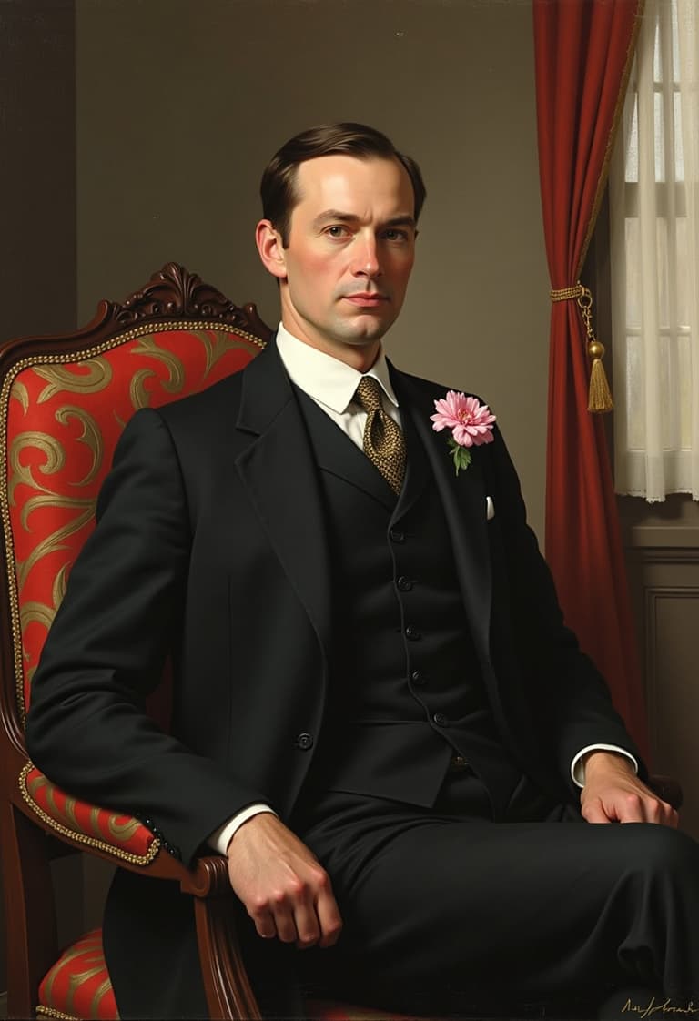 Formal Portrait of Man in Suit and Tie with Pink Flower Lapel