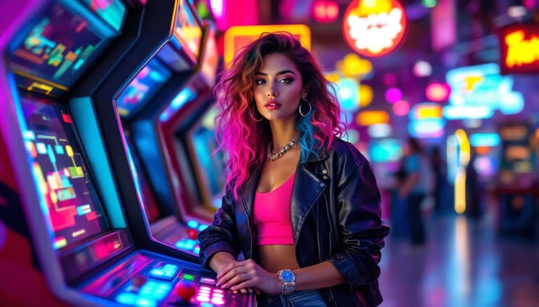 Vivid Neon Lights Stylish Woman in Pink Tank Top and Leather Jacket at Arcade