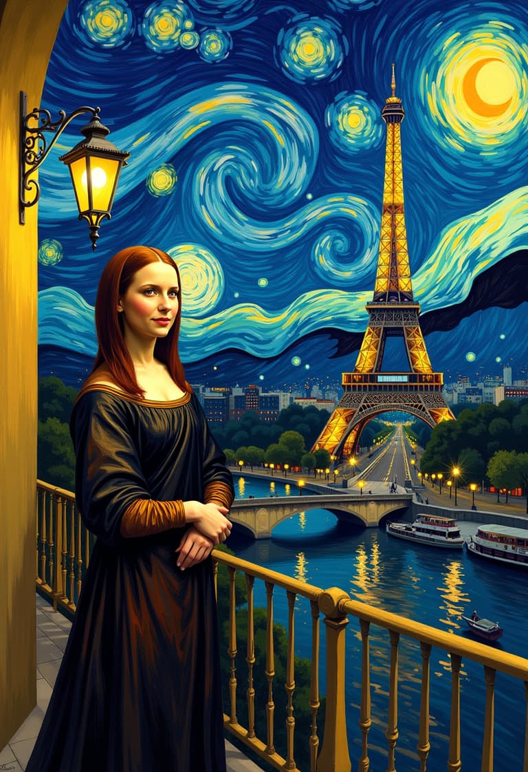 Woman in Gown Standing by Bridge with Eiffel Tower in Background at Night