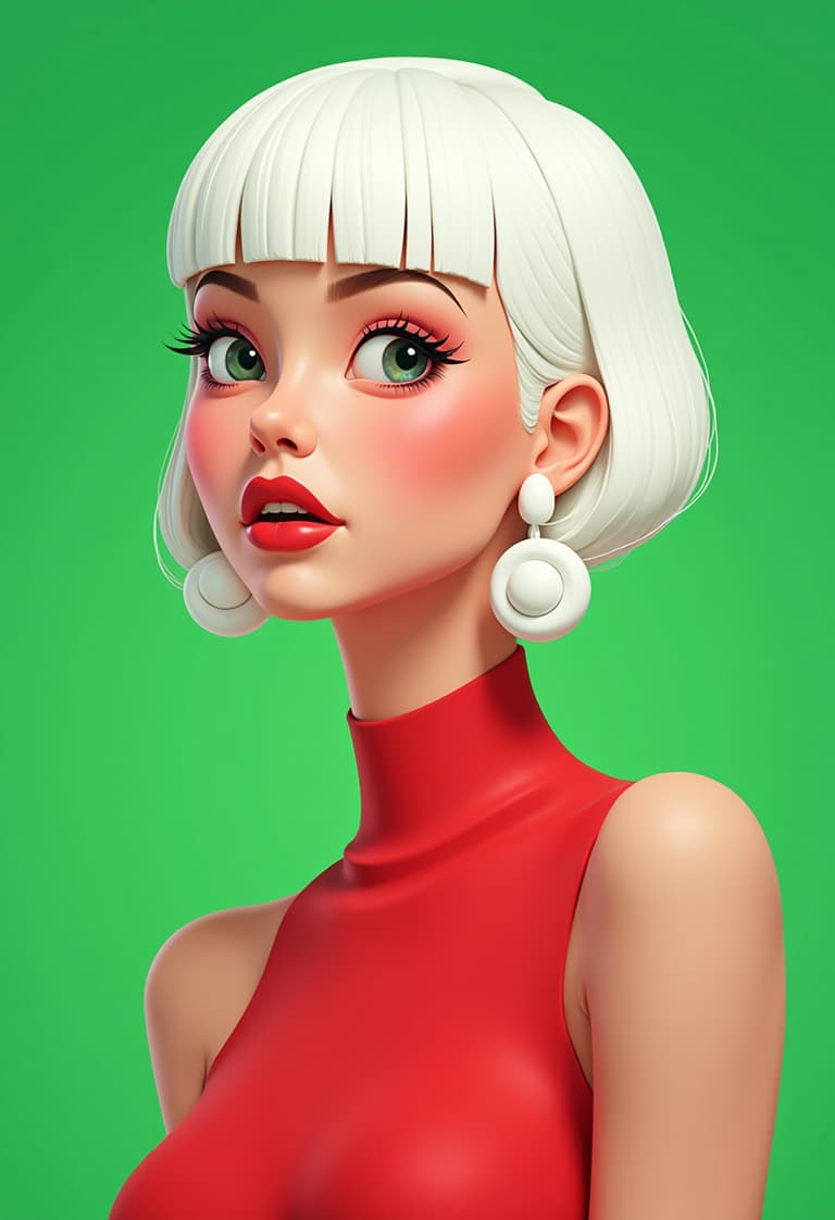 Stylized 3D Animation of a Woman with White Hair and Red Lipstick