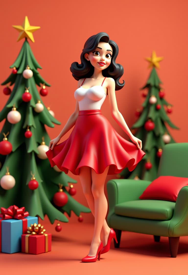 3D Animation Stylish Woman in Red Dress Standing in Front of Christmas Tree and Gifts