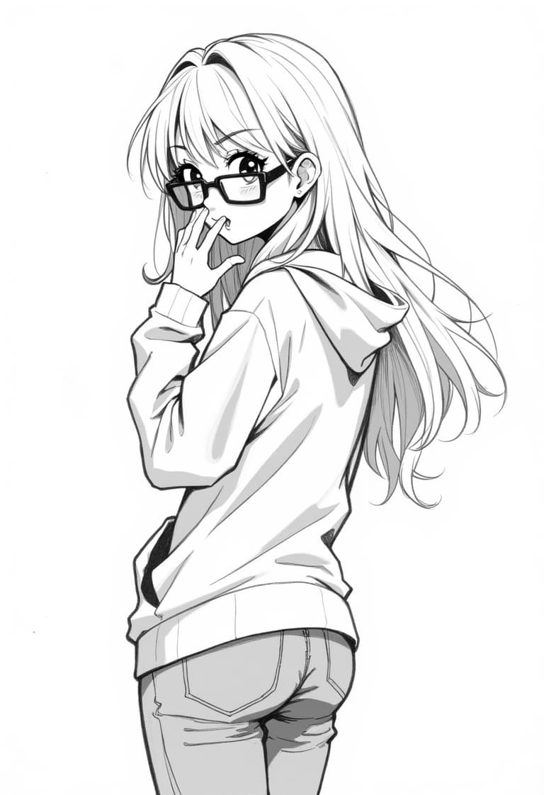 Stylish Anime Girl with Glasses and Hoodie, Posing with Hand on Mouth