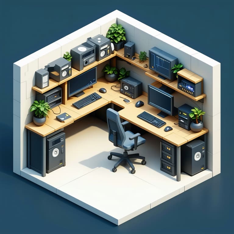 3D Render of a Modern Home Office with Multiple Monitors and Tech Gadgets