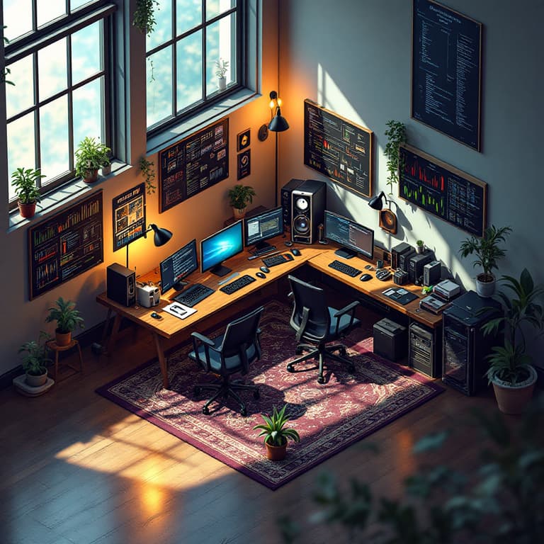 Modern Office Space with Multiple Monitors and Plants