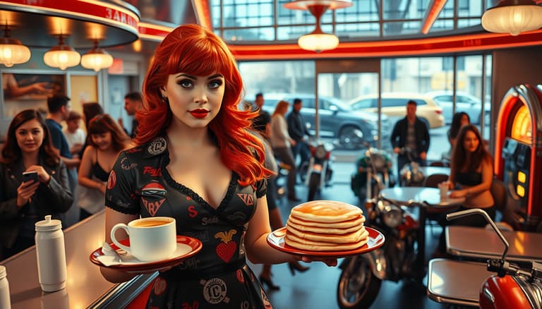 masterpiece, best quality, highres, sharp image, more detail, wide shot, super panavision 1960 style, cinmatic, 4k crisp details, reflective transparent, scene unfolds in a lively 1960s diner filled with young, edgy patrons embodying the rebellious rock-and-roll spirit of the era. At the heart of it all is Sweet Marple, a radiant 25-year-old waitress with vivid red hair, perfectly painted red lips, and fair smooth skin. she is smiling and has beautiful white teeth She carries a tray stacked with pancakes and a steaming cup of coffee, her uniform—a stylish, shiny fabric adorned with 1960s patterns and logos—is both glamorous and daring, with low-cut dress that hint at her self-assured sexual erotic charm.

The counter area is bustling with stylish young people sporting leather jackets and slicked-back hair, reminiscent of James Dean and Marlon Brando. Girls with dark eyeliner and bold attitudes laugh around tables, capturing a “cool” vibe while rock-and-roll beats play from a classic jukebox in the corner. Outside, fast cars and polished motorcycles reflect the diner’s gleaming chrome accents, sunlit from a bright day. Inside, the space glows with polished metal, sparkling mirrors, and cheerful white countertops, each detail giving off a cinematic quality.

. The cafeteria should have retro robotic atompunk style appliances and decor, including a vintage atompunk robot radio, a steam driven teapot, led lights, mecanical kitchen supliens and an exotic alien plant on the windowsill. The lighting should be warm and inviting, with natural light streaming in from the window.

Classic signs overhead display diner staples—a sign that reads burgers 50 cent,a sign that reads fries 1 cent, a sign that reads milkshakes—all at nostalgic prices.a sign that reads icecream, a sign that reads Beer 2 cent, The whole scene brims with an infectious energy, as every element, from shiny Coca-Cola machines to soft-serve dispensers and chrome-lined tables, captures the timeless allure of youthful rebellion, fun, and freedom.