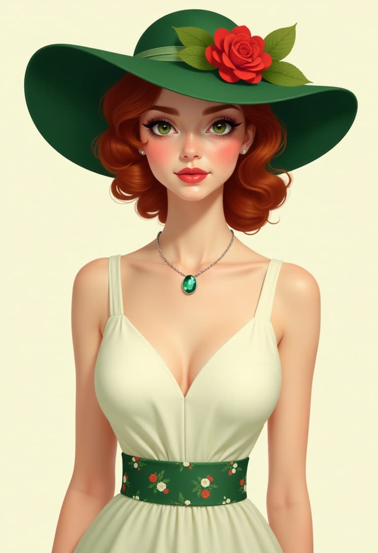 Stylish RedHaired Woman in Green Hat and Dress with Flower Belt