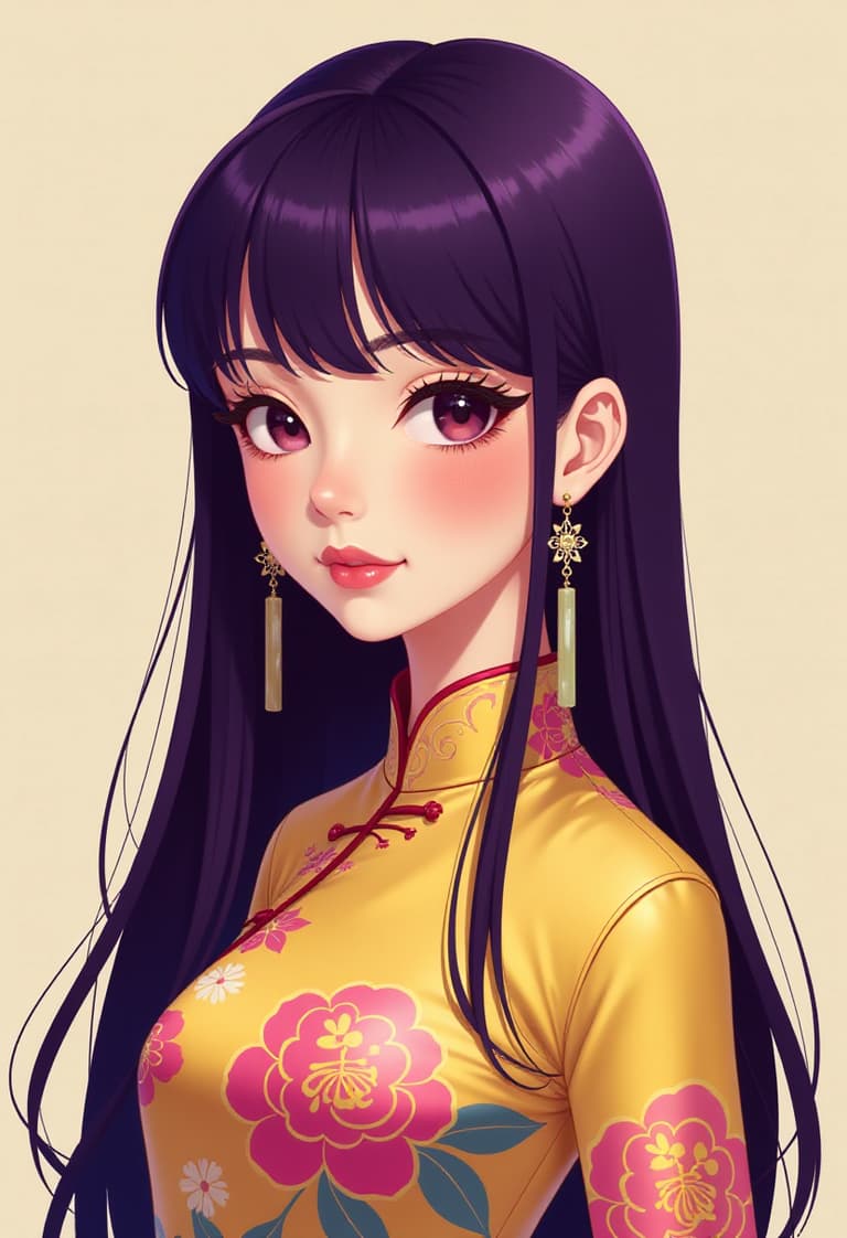 Stylized Anime Character with Purple Hair and Yellow Dress