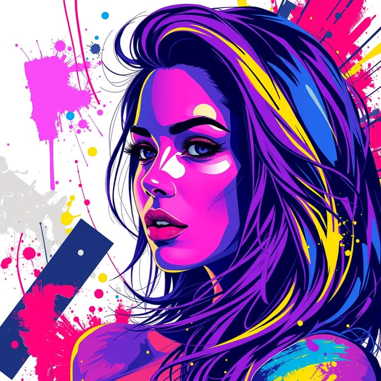 Vibrant Pop Art Portrait of a Woman with Colorful Splatters and Abstract Background