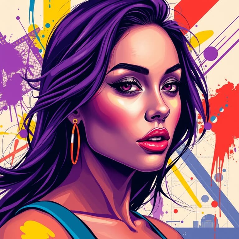 Stylized Portrait of a Woman with Colorful Background and Splatter Effects