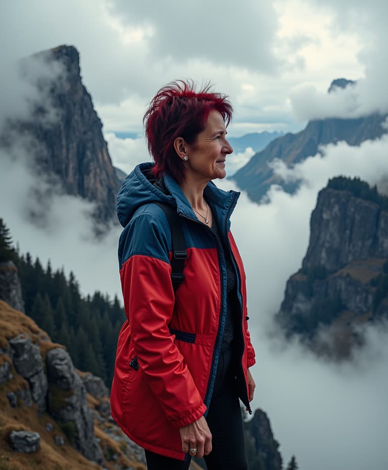 Woman Hiking in Mountains with Red Hair and Red Jacket