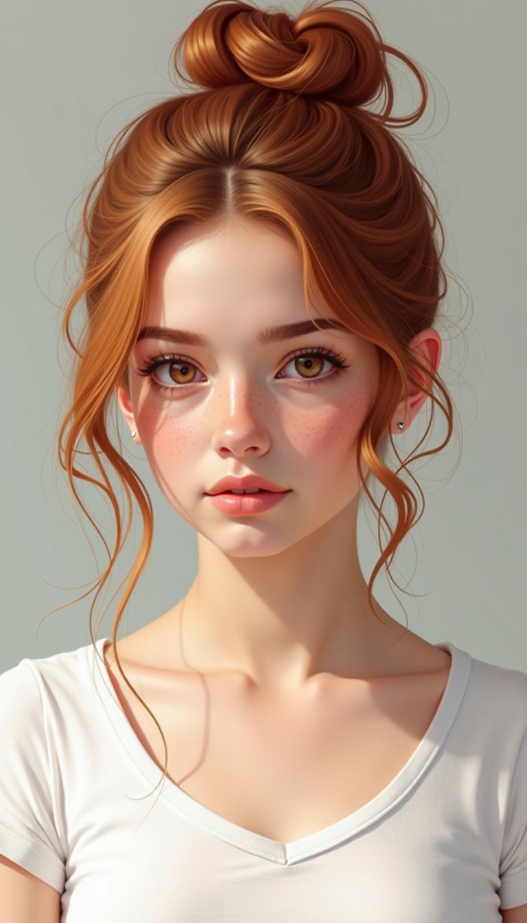 Stylish Redhead Woman with Chic Bun Hairstyle