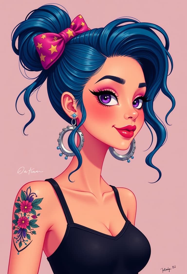 Stylish Cartoon Character with Blue Hair and Pink Bow