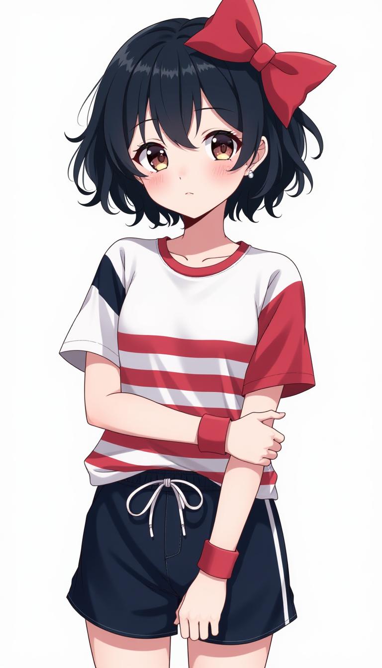 Stylish Anime Girl in Red and White Striped Shirt and Blue Shorts with Bow in Hair