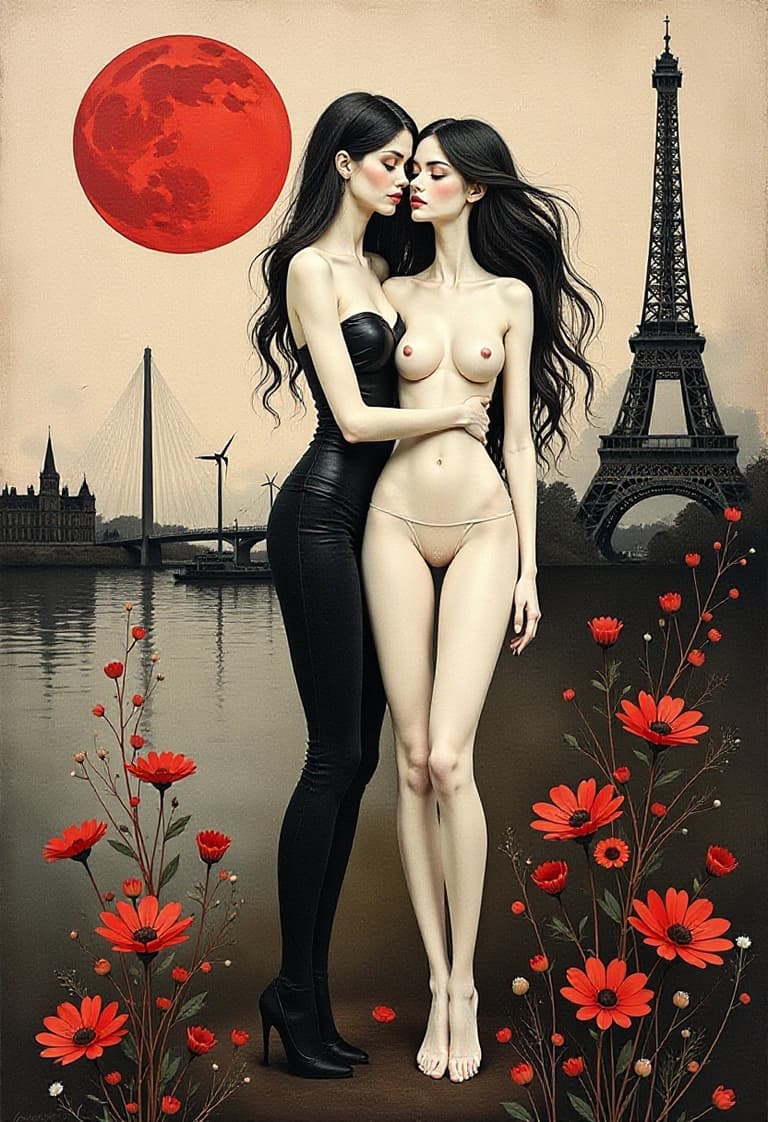 Surreal Art Two Women Embracing in a Dreamlike Parisian Setting with Eiffel Tower and Red Flowers