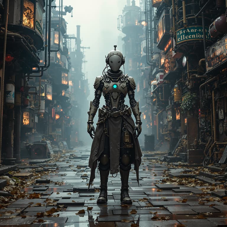 Futuristic Robot Character in a Dystopian Cityscape