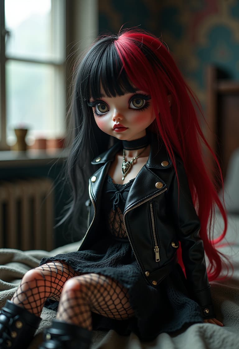 Gothic Doll with Red Hair and Black Leather Jacket