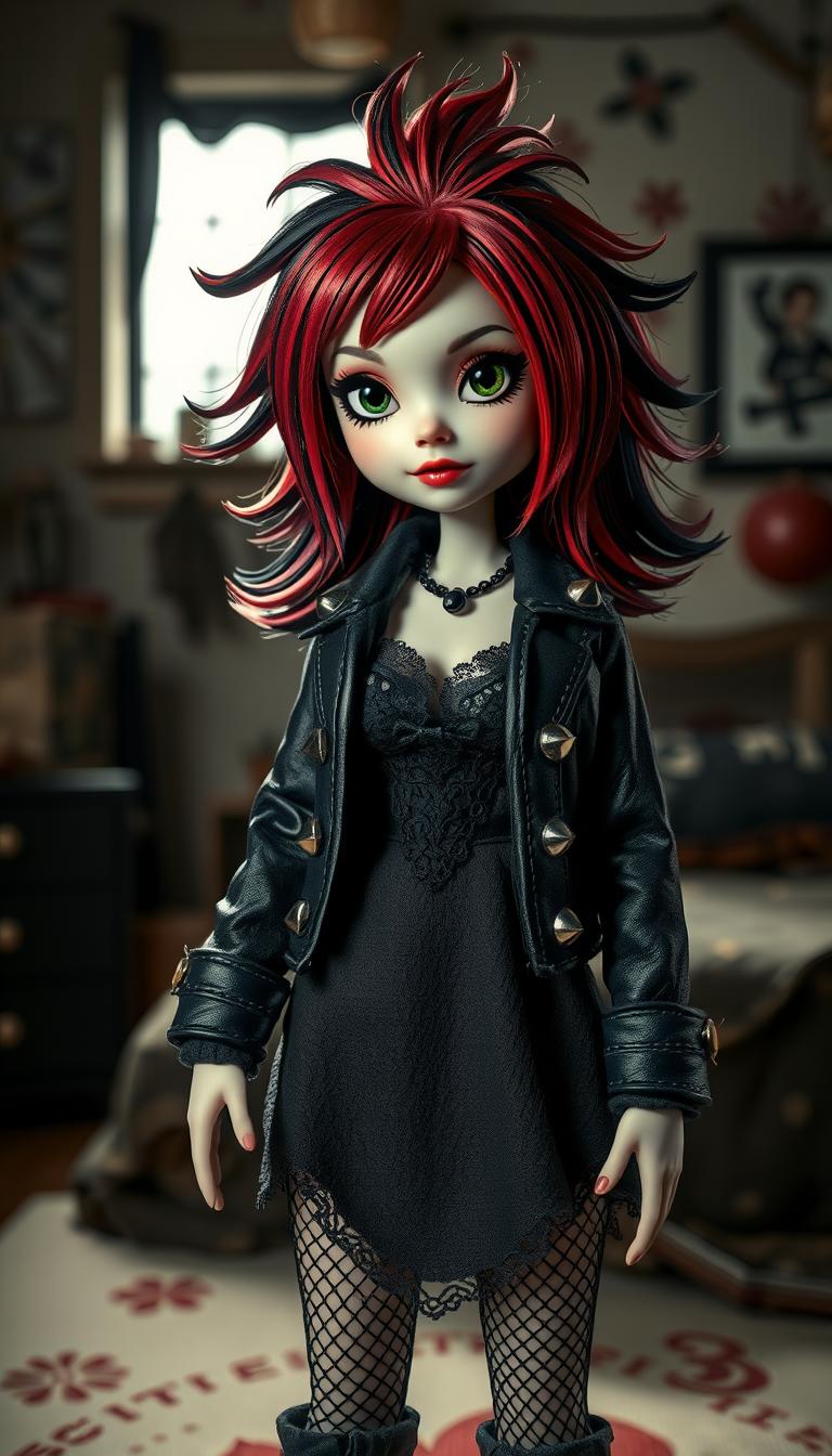 Stylish Gothic Doll in Black Leather Jacket and Fishnet Stockings