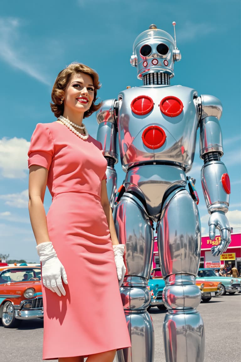 Vintage Robot and Woman in Pink Dress