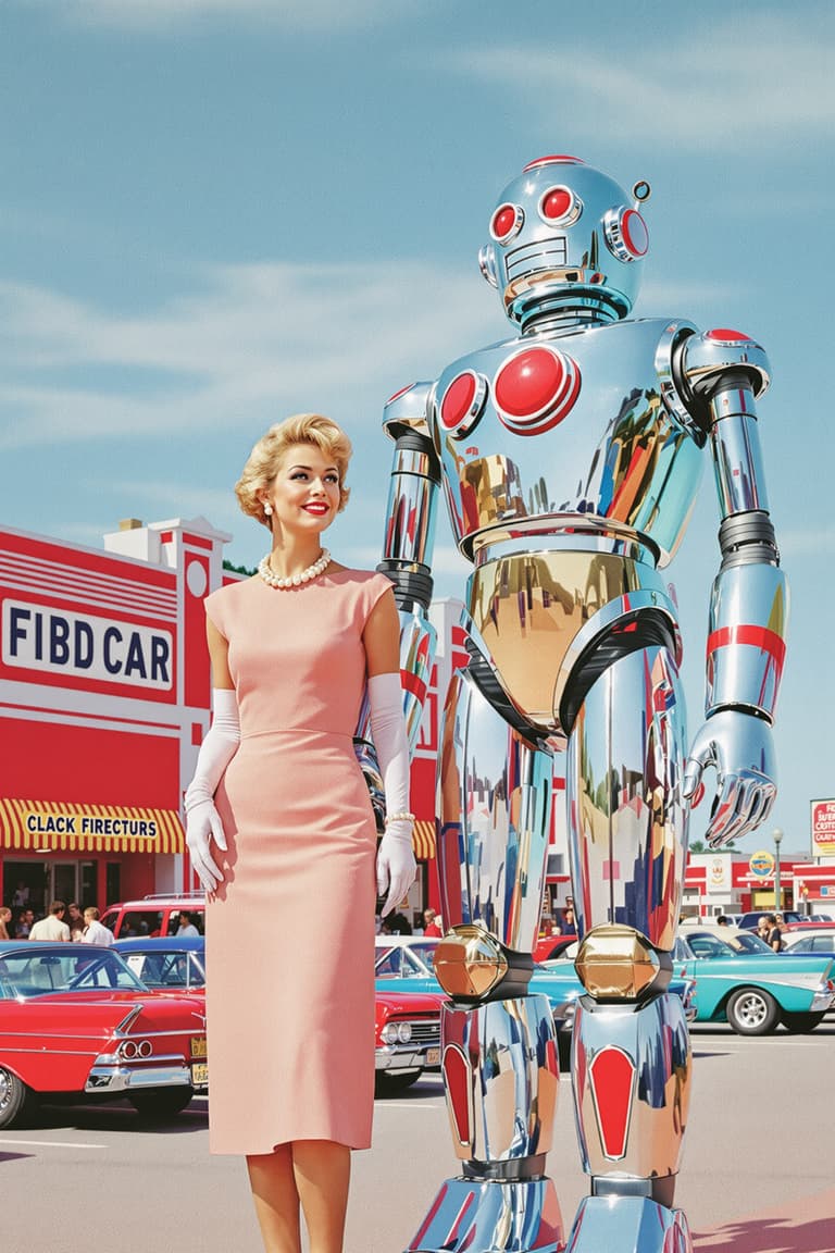 RetroFuturistic Robot and Woman in Pink Dress at Car Show