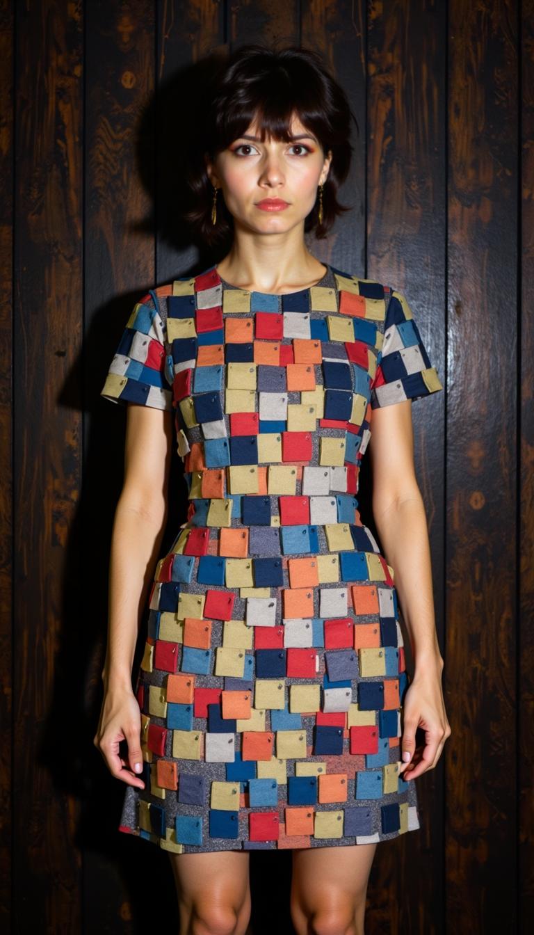 This image is a creative and striking portrayal of a person dressed in a unique, pixelated dress. The dress is composed of an array of small, square blocks in a variety of colors, including shades of blue, red, yellow, orange, and white. The blocks are arranged in a seemingly random, nonuniform pattern, giving the dress a modern and abstract aesthetic.The person is standing against a dark, wooden background that provides a stark contrast to the bright colors of the dress. The lighting in the image is dramatic, with a focus on the subject and the dress, creating a sense of depth and highlighting the texture of the dress. The lighting also casts a shadow on the dress, which adds to the threedimensional effect.The art style of the image is reminiscent of digital art or pixel art, with a focus on geometric shapes and a vibrant color palette. The medium appears to be a combination of photography and digital manipulation, as the dresss pixelated pattern is not a natural occurrence and requires digital editing to achieve.Overall, the image is visually striking and thoughtprovoking, blending fashion with digital art in a unique and creative way.