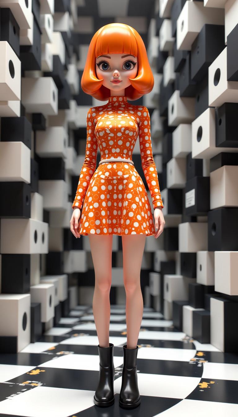 3D Animation Orange Dress Doll in Black and White Checkered Room