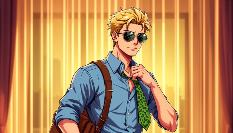 masterpiece, best quality, highres, sharp image, more detail, Create an animestyle illustration of a blond male character in a contemplative pose. He is wearing a blue buttonup shirt with rolledup sleeves and a brown messenger bag slung over his shoulder. His right hand is adjusting a green tie with a leopard print pattern, while his left hand is partially visible. The character is wearing a pair of round, reflective sunglasses with a metallic frame. The background is a warmly lit interior with vertical blinds and a glimpse of a window showing a cityscape. The overall atmosphere is calm and introspective.