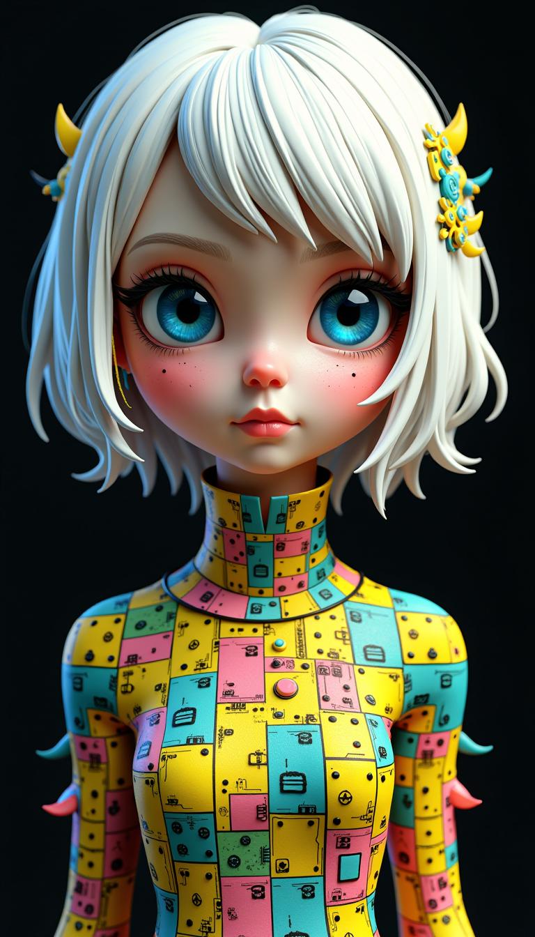 Colorful 3D Character with Blue Eyes and Yellow Horns