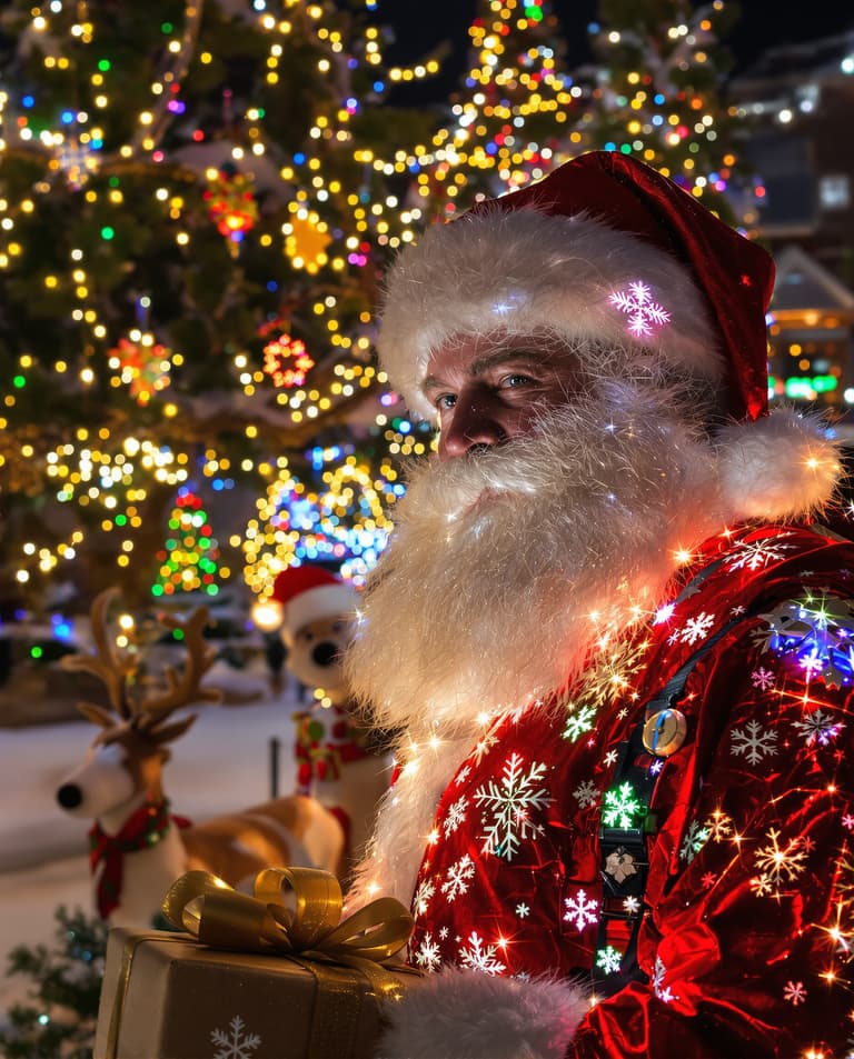 Santa Claus with Gift and Snowflakes in Christmas Tree Background