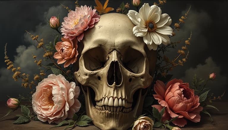 Skeleton with Flower Crown Artistic Still Life with Pink and White Flowers