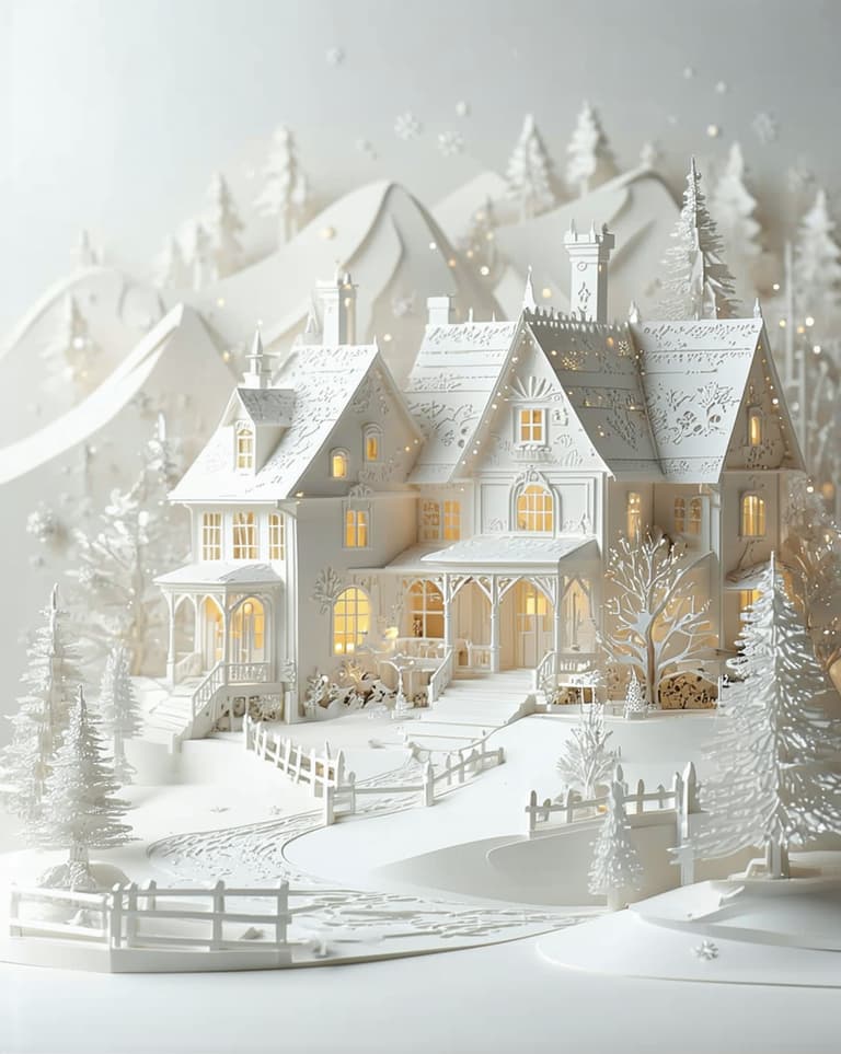 3D Model of a Snowy Christmas Village with a Large House and Trees