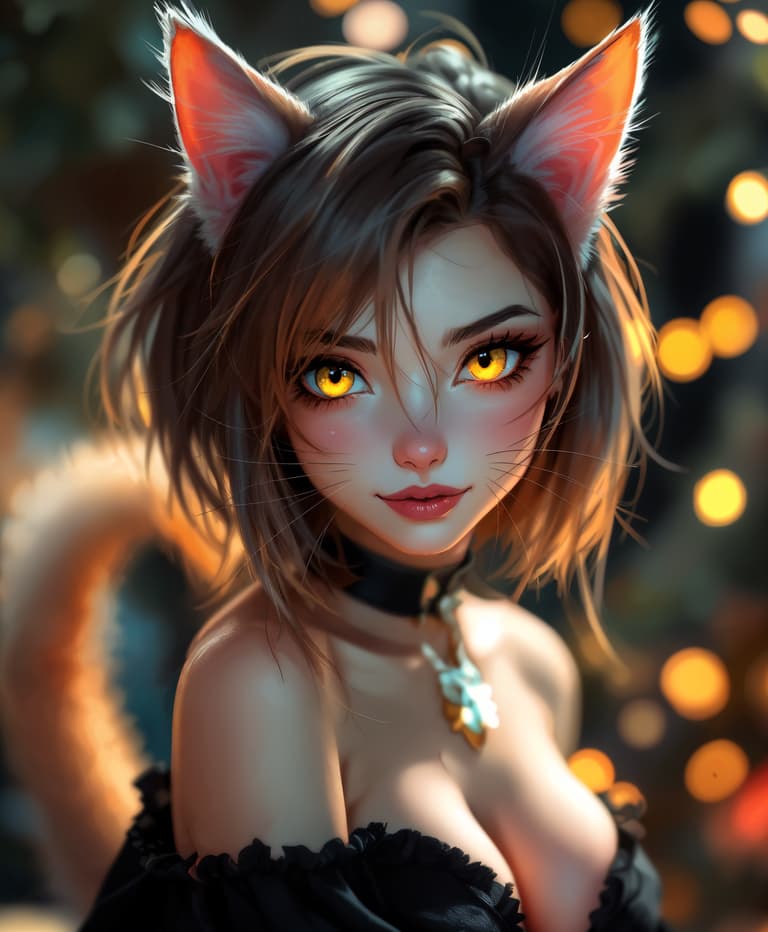 anime, anime, Create an 8k ultra-detailed anime style masterpiece showcasing a beautiful female human-kitty in a full-body view. She has short, stylishly asymmetrical hair cascading down one side, framing her face elegantly. Her vibrant, glowy eyes reveal striking heterochromia—one a vibrant yellow and the other a deep, captivating red. Her athletic yet graceful form features sleek feline traits, including elegantly pointed ears, a delicate nose, and a playful, swishing tail. Position her against a softly lit background that harmonizes with her features, utilizing warm, ambient lighting to create gentle highlights and shadows enhancing her allure. Capture her playful yet seductive demeanor as she poses confidently, gazing directly at the viewer with a flirtatious smile radiating intrigue. The composition focuses cohesively on her enchanting presence in the foreground, emphasizing details such as the softness of her skin and the texture of her fur blending seamlessly. The background should be softly blurred, drawing attention to her captivating form. The overall mood is enchanting and inviting, evoking an atmosphere of warmth and curiosity, reminiscent of a dreamy, whimsical fantasy world.