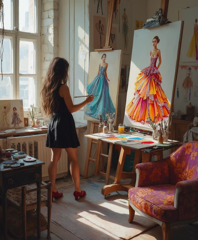 Artist Painting Dress on Canvas in Studio