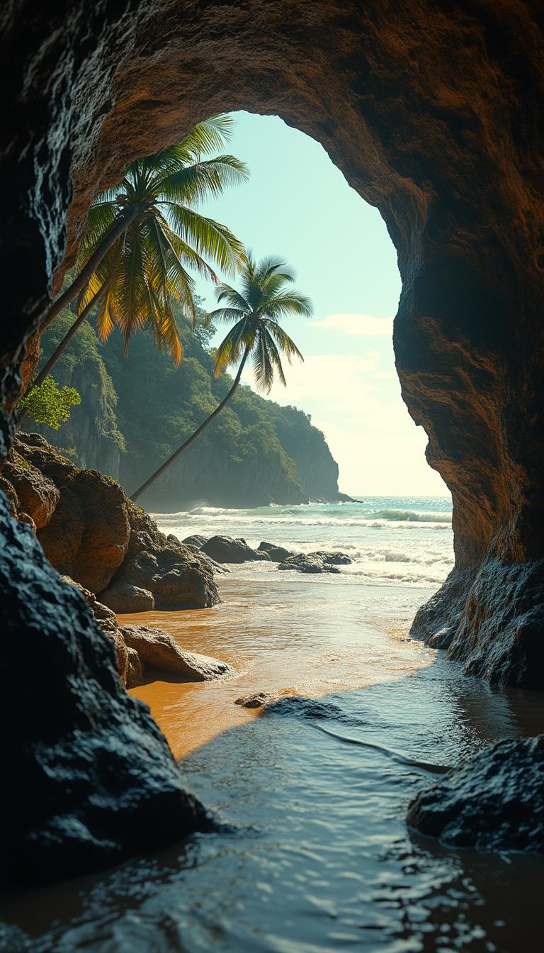 Emerging into Paradise: Cave View of a Tropical Beach