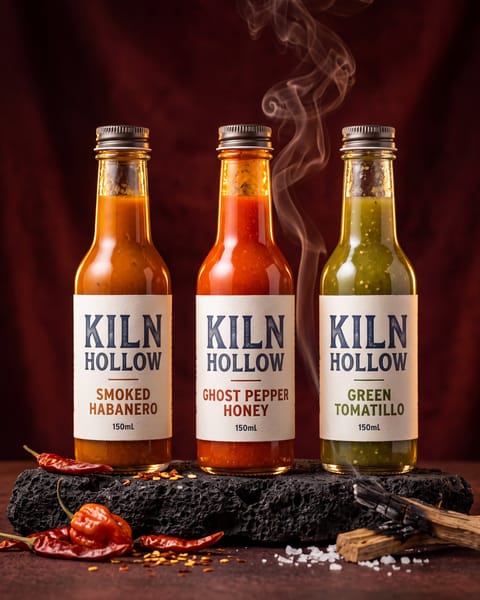 Three glass hot sauce bottles labeled KILN HOLLOW on volcanic rock with dried chilies and a smoldering wood stick