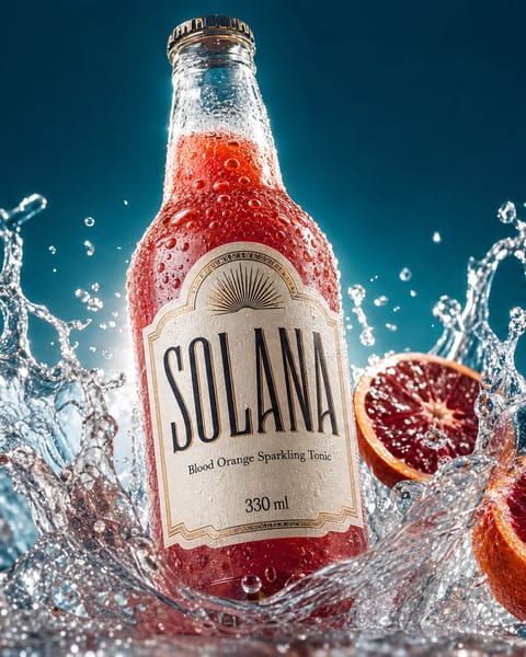 A frosted bottle of SOLANA blood orange soda bursting through a water splash with halved blood oranges and ice