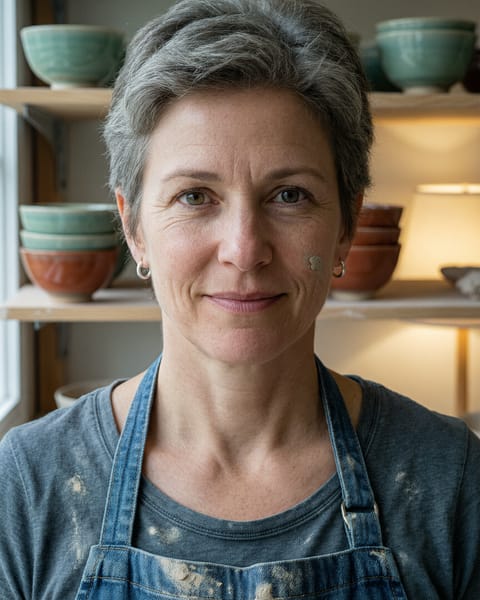 A head and shoulders portrait of a potter with short grey hair and a clay dusted denim apron in front of shelves of bowls
