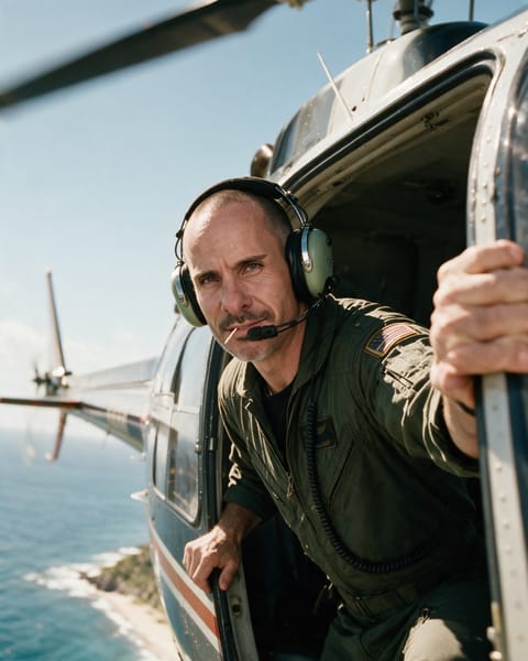 Brian as a helicopter pilot leaning out of an open door above a sunny coastline, made from his Character Studio references