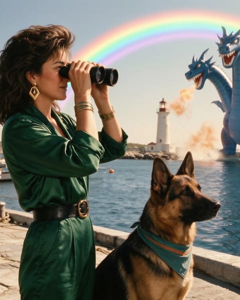 Pamela with binoculars and Circe the German Shepherd on a harbor pier, with a rainbow added over the giant blue balloon dragon