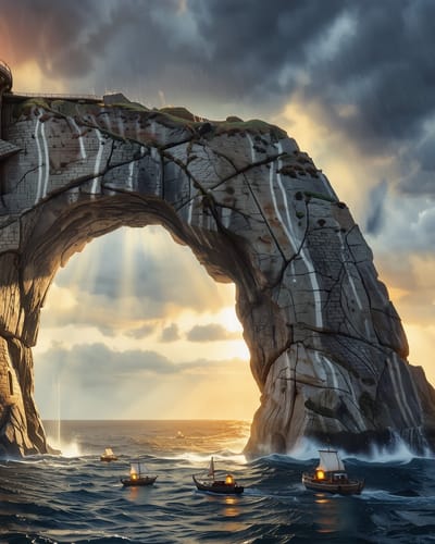 Matte painting of a stone lighthouse built into a giant sea arch, small lantern-lit boats on the water and storm clouds breaking into golden light