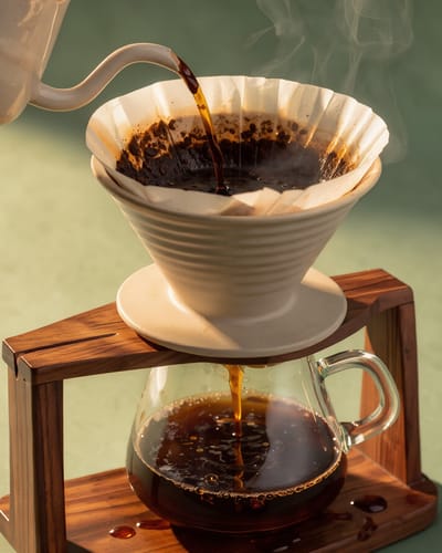 Product photo of a white ceramic pour-over coffee dripper on a walnut stand, coffee streaming into a glass carafe with steam curling against a sage green backdrop