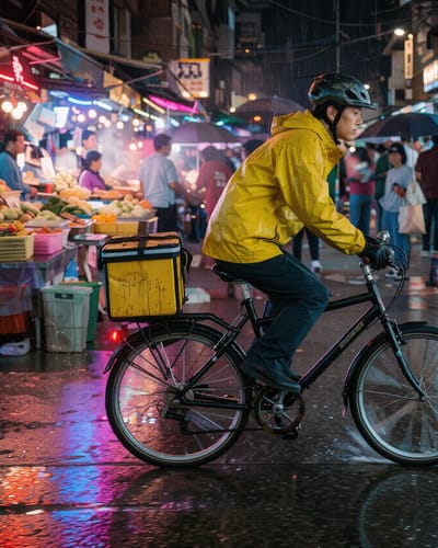Candid night photo of a bicycle courier in a yellow rain jacket riding through a busy night market, neon reflections on wet asphalt and a blurred crowd