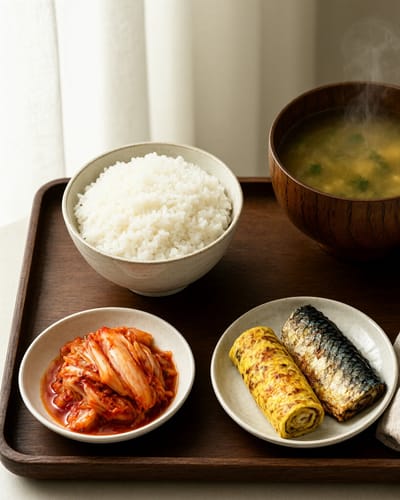 Korean breakfast on a dark walnut tray: a bowl of white rice, kimchi, a rolled omelette beside grilled mackerel, and steaming soup in a wooden bowl, with a linen napkin in soft window light