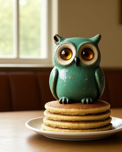 A green glazed ceramic owl figurine with amber glass eyes, the subject of a custom LoRA, perched on a stack of pancakes on a diner plate beside a sunny window