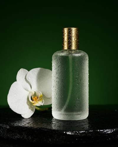 Frosted glass perfume bottle with a textured brass cap, beaded with water droplets on wet black slate, a white orchid leaning beside it against a deep green backdrop