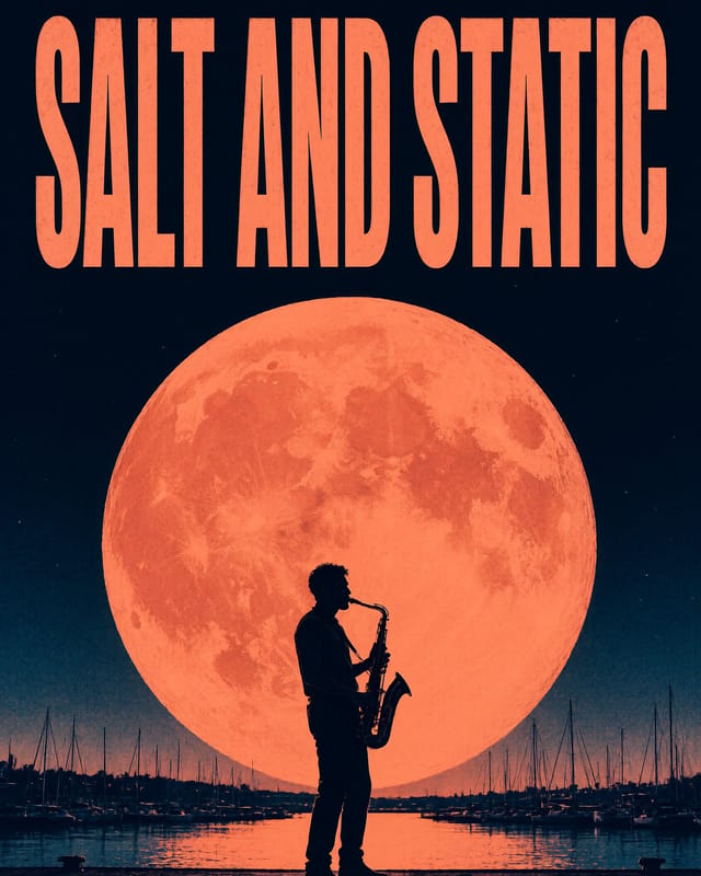 Screen print concert poster titled SALT AND STATIC in tall condensed coral letters, a saxophonist silhouetted against a huge coral moon over a harbor of sailboat masts, with AUGUST 14 TO 16, PIER 9 set small along the bottom in navy and coral