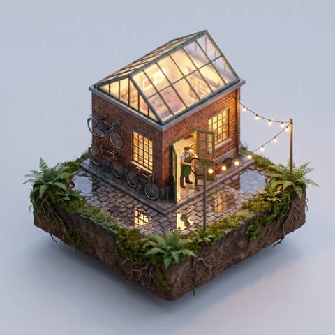 An isometric miniature diorama of a brick bicycle shop with a glowing greenhouse roof on a floating block of mossy earth