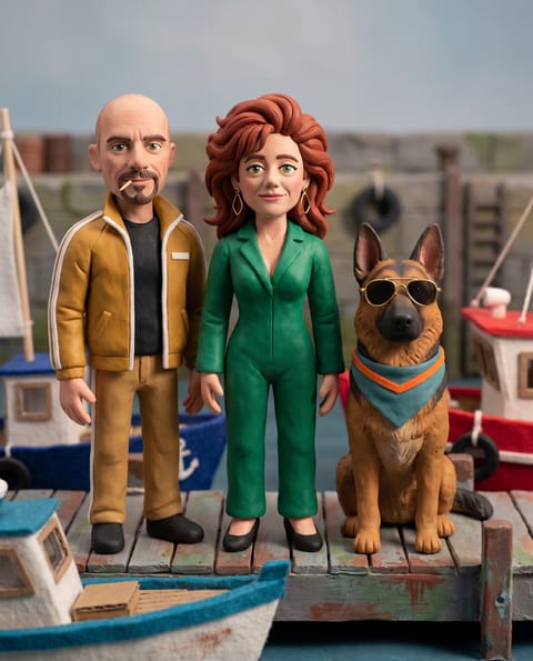 Brian, Pamela and Circe the German Shepherd redrawn as claymation