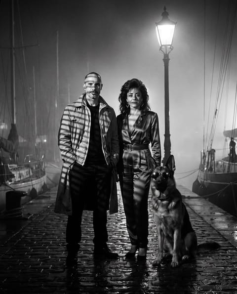 Brian, Pamela and Circe the German Shepherd redrawn as film noir