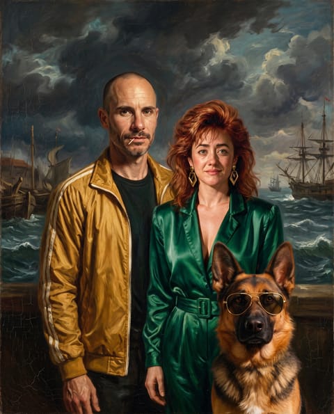 Brian, Pamela and Circe the German Shepherd redrawn as oil painting