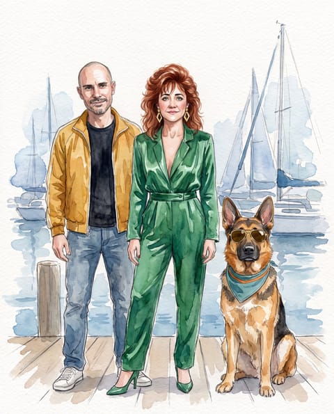 Brian, Pamela and Circe the German Shepherd redrawn as watercolor